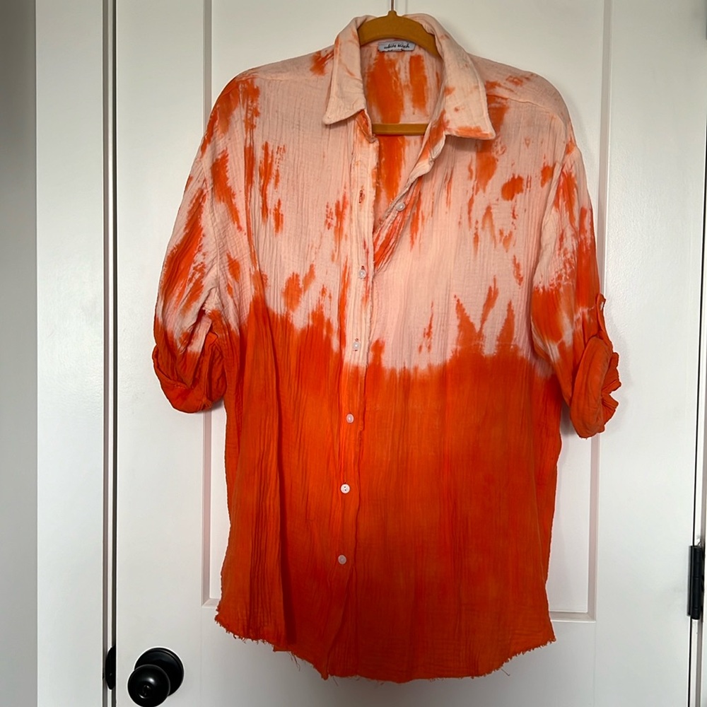 Large L White Birch Orange Tie Dye Cotton Gauze Top
